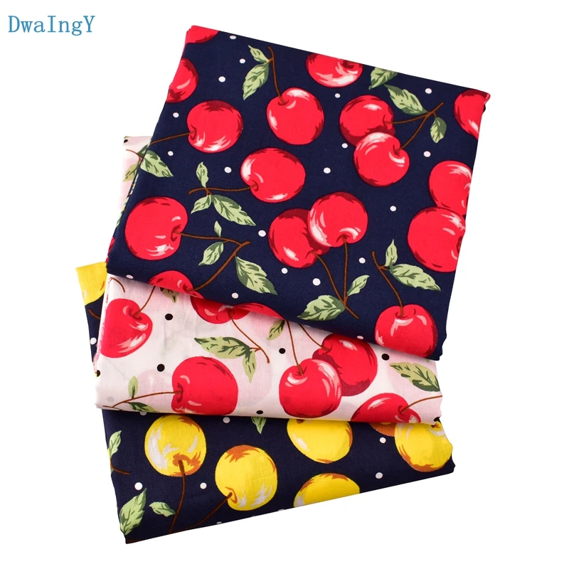 DwaIngY Cherry Printed Plain Poplin Cotton Fabric For Patchwork Quilting Sewing Cloth Dress Shirt Skirt Material Half Meter