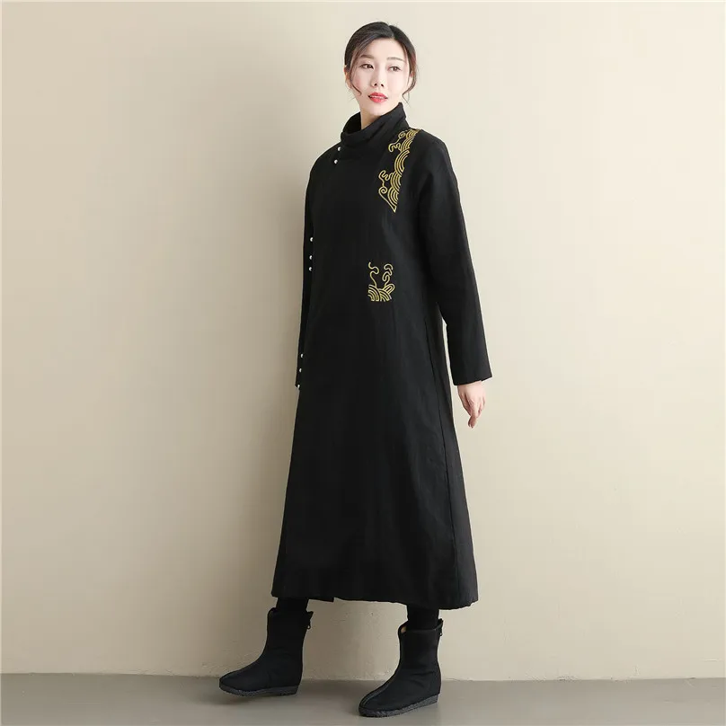 

Unisex Winter Clothing long gold thread embroidered cheongsam Robe silver buckled Ramie robe thickened cotton padded Long Coat