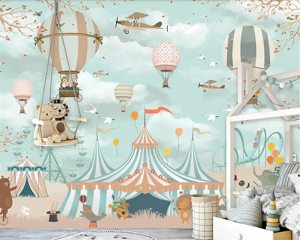 

Custom cartoon wallpaper Hot Air Balloon airplane animal puppy circus playground background wall 3d wallpaper mural papel tapiz