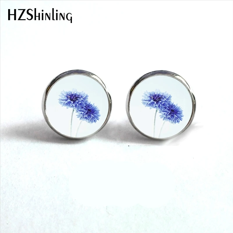 ED-0050 New Arrival Cornflower Stud Earrings Blue flower Earring Victorian Art Photo Earrings Handmade Jewelry Glass Studs