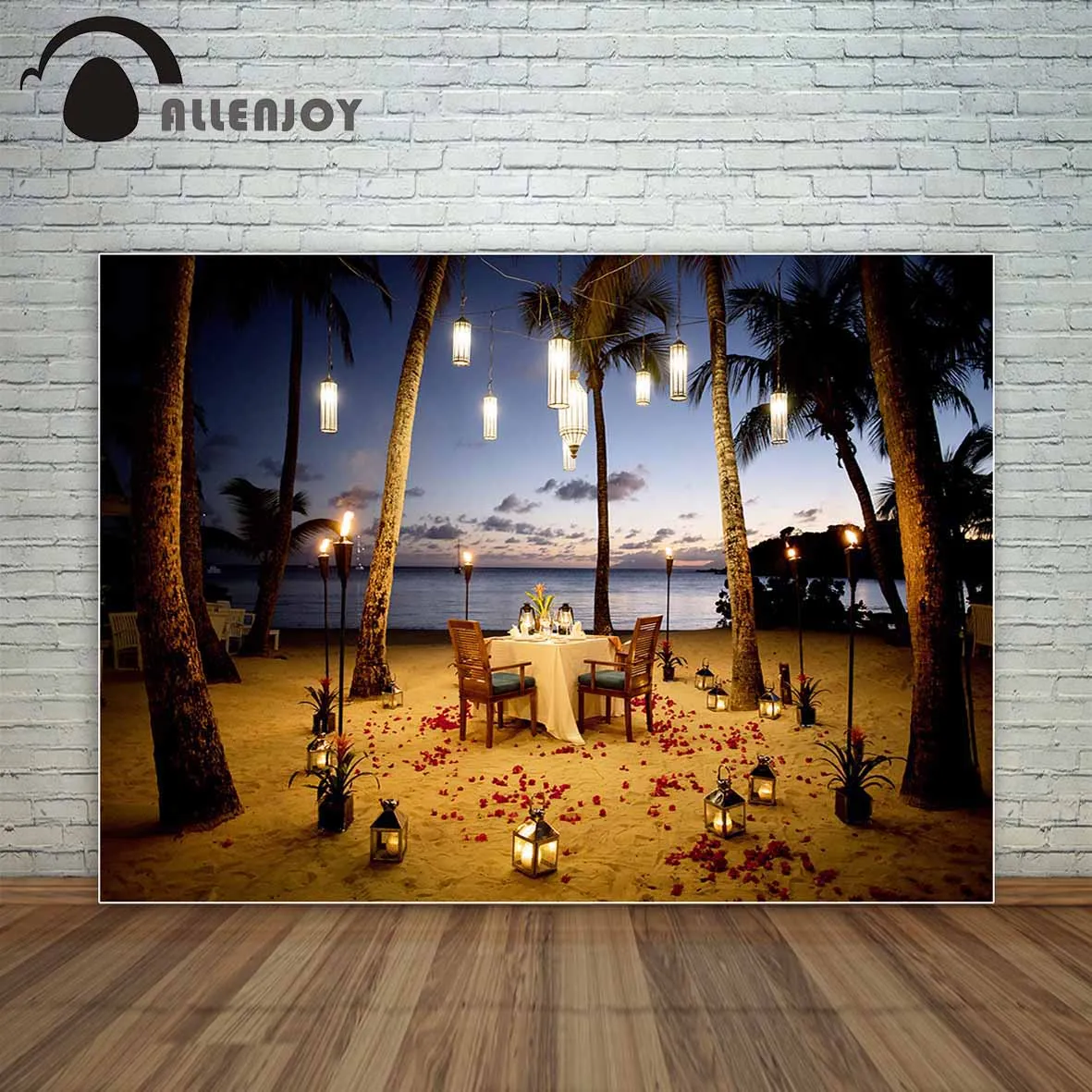 Allenjoy backdrop Table for romantic meal on the beach with lanterns chairs flowers palms sky sea photo background photo booth