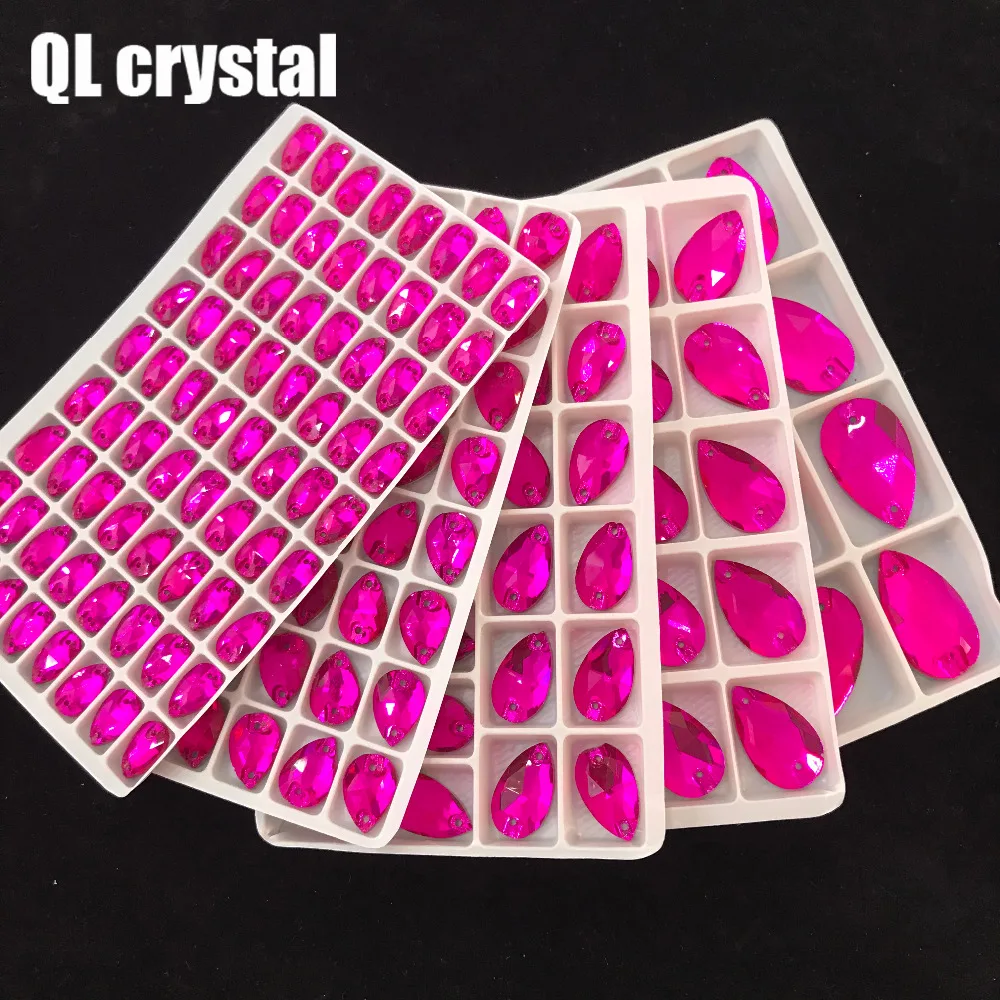 QL Crystal 2018 popular Rose red Drops Sew On Crystals for Craft Sewing On Rhinestone 2 Holes DIY Garment Dress Making