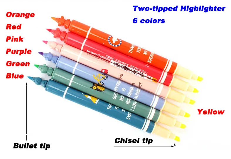 6 pens/set Two-tipped 6-color bullet tip & chisel tip Highlighter Marker Pen, YGB00025