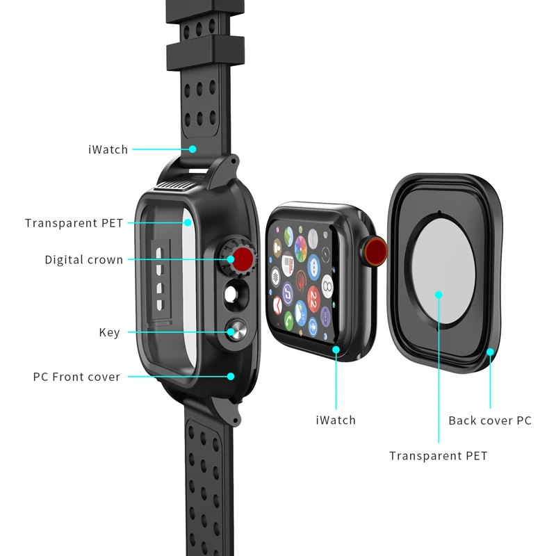 For Apple Watch Series 4 3 2 1 IP68 Waterproof Case for 44/40/42/38MM Bumper PC Watch Case+Rubber Band Strap Shockproof Cover