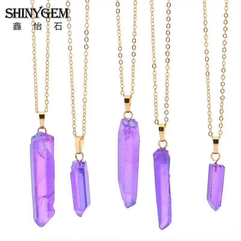 SHINYGEM Hot Sale Natural Point Raw Crystal Quartz Contracted Fashion Style Necklace Green Trim Bead Chain Jewelry Gift