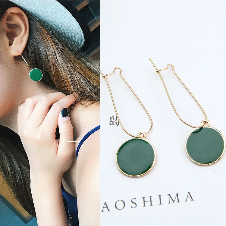 New Fashion Vintage Jewelry Women Green Circle Ear Pendants Long Drop Earrings Boucle D\'oreille Pendante Femme Green Brincos