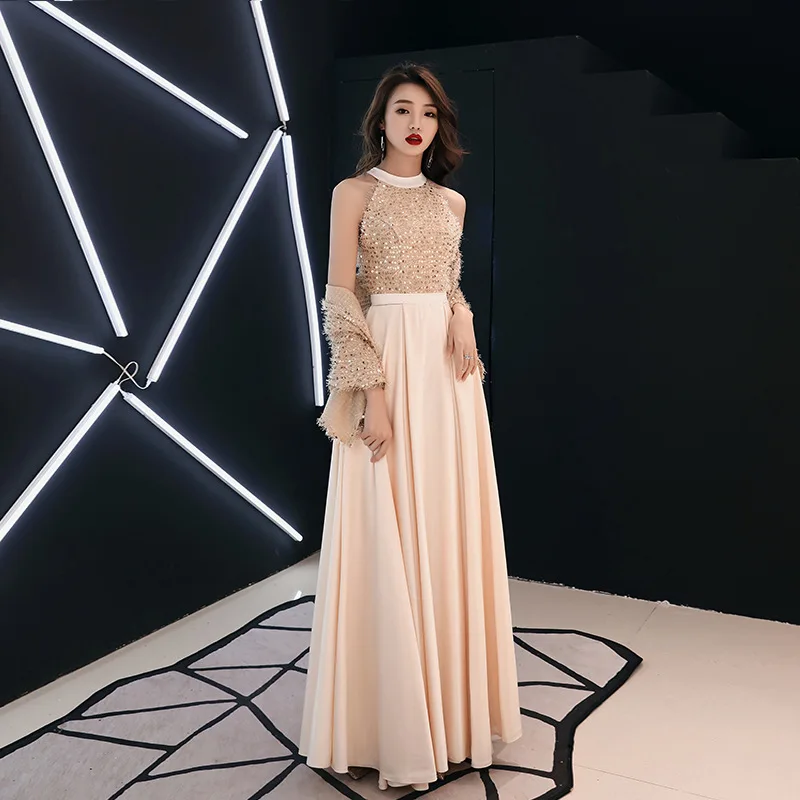 

Elegant Evening Dress 2019 New Fashion Sexy Off the Shoulder High Neck Shinning Sequins Prom Party Dresses a Line Formal Dress