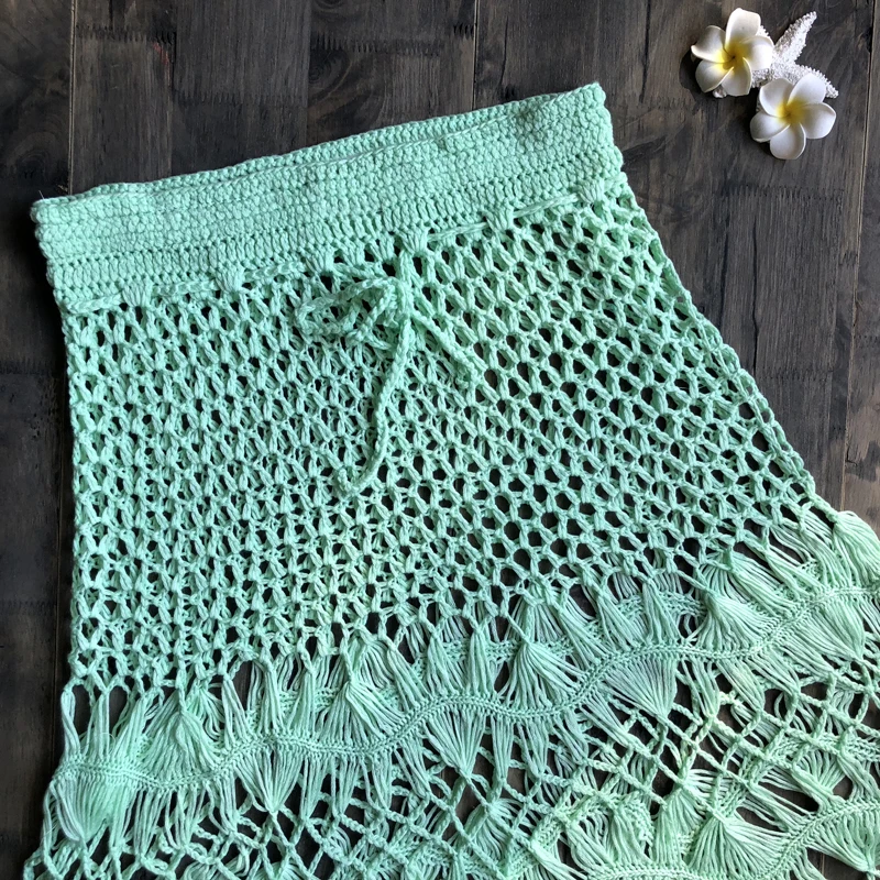 Handmade Crochet Boho Cotton Knitted Mini Skirts Women Summer High Waist Beach Hollow Out Mini Skirt Cool