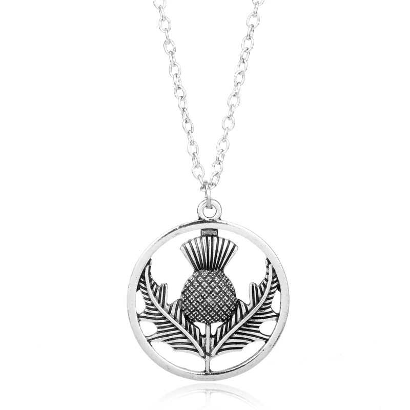 Outlander Scottish National Flower Pendant Necklace Oval Scotland Thistle Necklace With Heart Lovely Pendant Thistle Jewelry