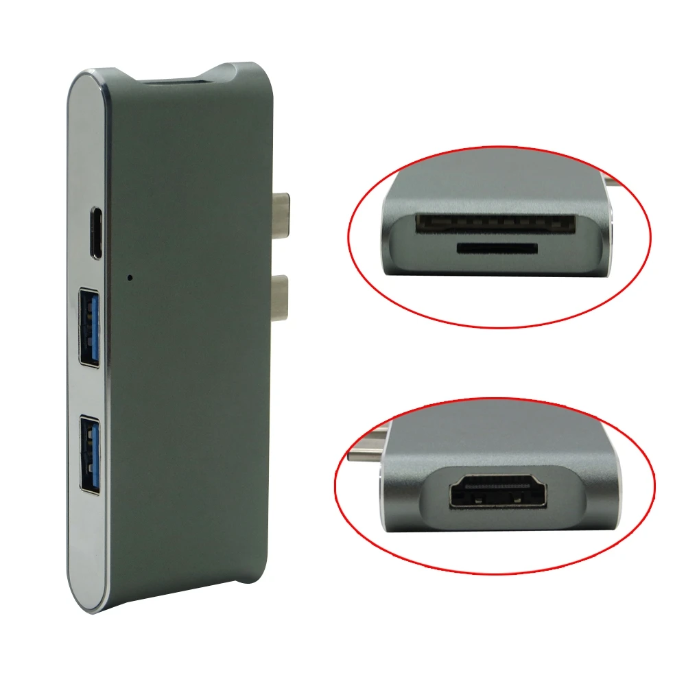 Multi-Function Dual Type C Charging Port + HDMI 4K Adapter + 2 USB 3.0 Ports + Micro SD/SD Card Reader Hub for New MacBook