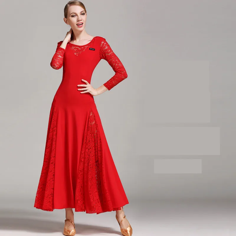 Sexy lace ballroom dance dress for woman long sleeves waltz tango dance dresses standard dress black/red/blue/green