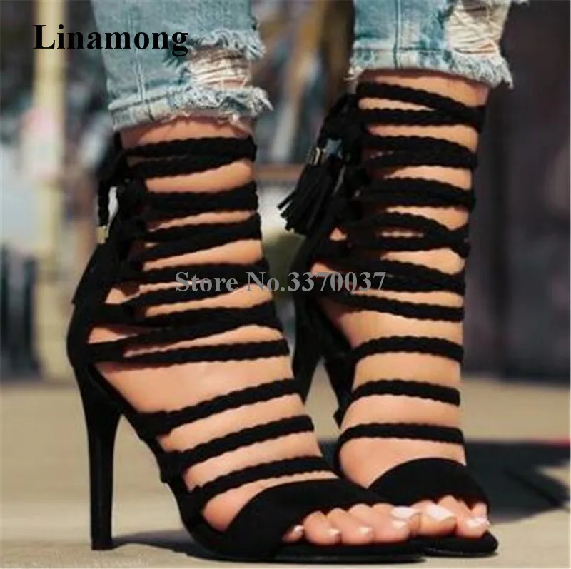 

Women New Design Open Toe Suede Leather Rope Straps Cross Gladiator Sandals Lace-up Cut-out High Heel Sandals Dress Shoes