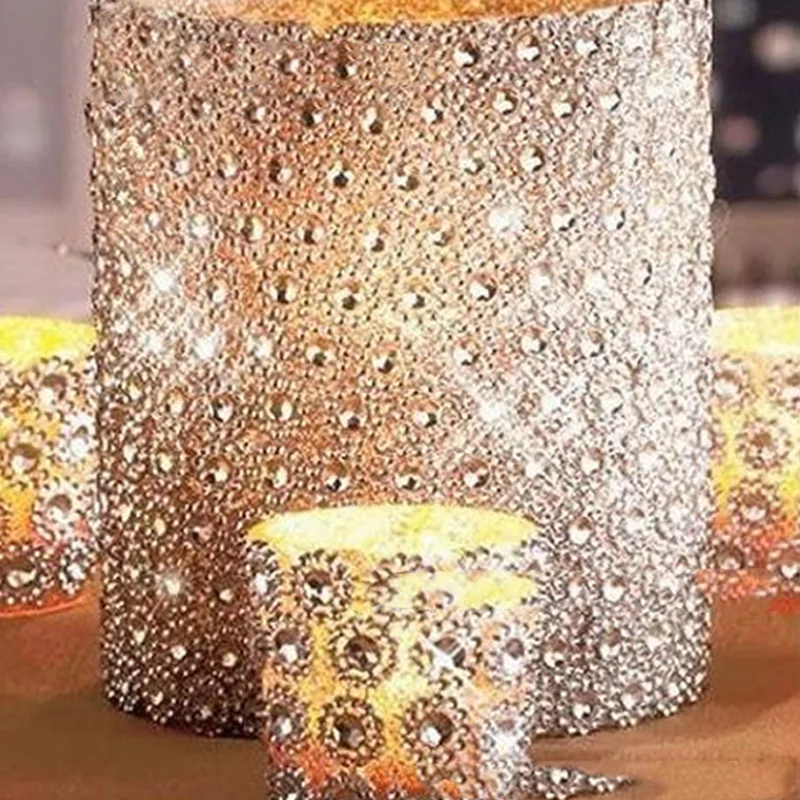 1 yard/90cm wedding cake decoration ribbon bling drill mesh wrap ribbon silver rhinestone sunflower flower plastic plating drill