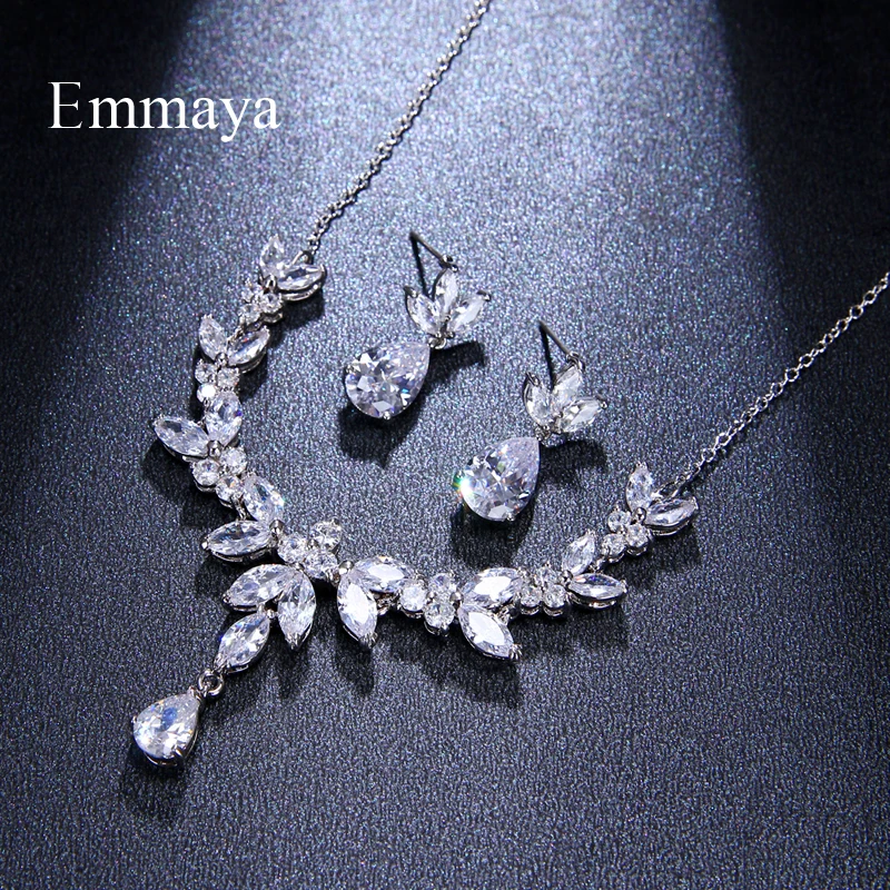 Emmaya Vivid Leaves-shape Dazzling Wedding Costume Accessories CZ Crystal Colorful Gift Earrings And Necklace Jewelry Sets