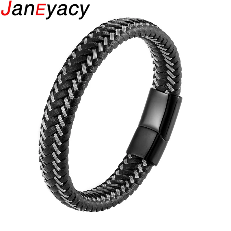 2019 New 12mm Casual Woven Leather Bracelet Men\'s Bracelet Ladies Stainless Steel Bracelet Black Brown Jewelry Gift 19/21/23cm