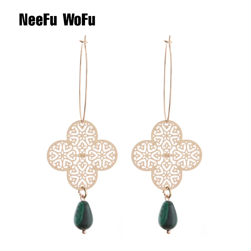 NeeFu WoFu Drop Earrings Brand Stone Earring Charm Clover Big Earring for woman stone Large Long Brinco Ear Oorbellen Gift