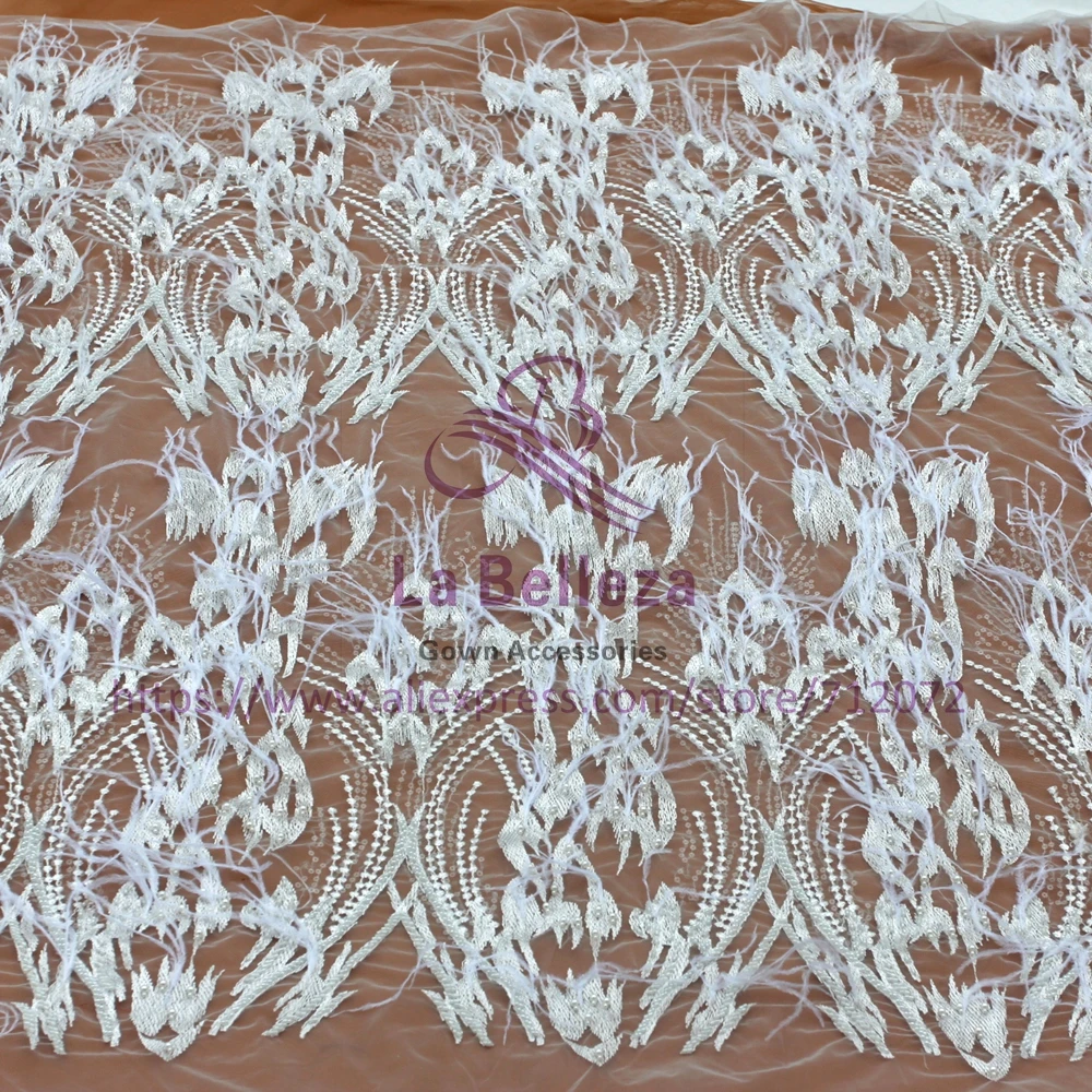 La Belleza Off white handmade beading feather sequins wedding dress lace fabric 51