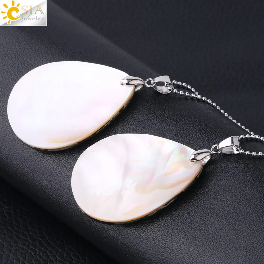CSJA Natural Abalone Shell Necklace Pendant Water Drop New Zealand Oyster Sea Mother of Pearl Shell Jewelry for Women Girl F843