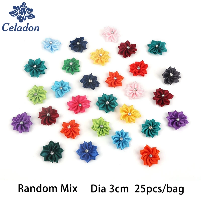 25pcs 3cm Drill 9 Petal flower Handmade 3d Fabric Flowers for Headbands Appliques Sewing Wedding Garment dresses Accessories DIY