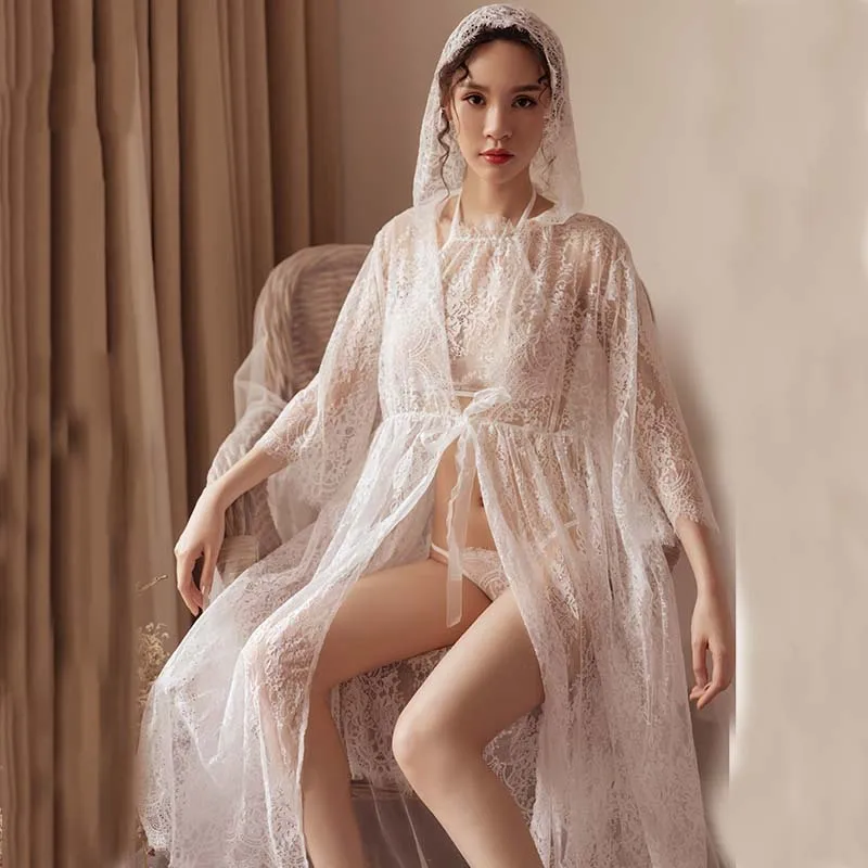 

Yhotmeng new sexy white lace perspective fairy long cloak robe three-piece nightdress set