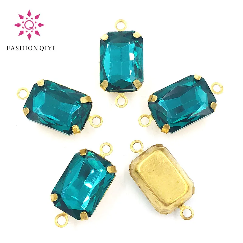 New 10X14mm Rectangular octagon sew on rhinestones Malachite green Gold base Glass Crystal double loop pandent diy accessories