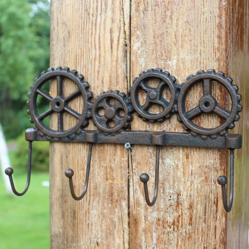 Retro Wheels Cast Iron Wall Mounted Hook In Big Small Size With Four Hangers Farm House Accents Home Garden Decor Metal Racks