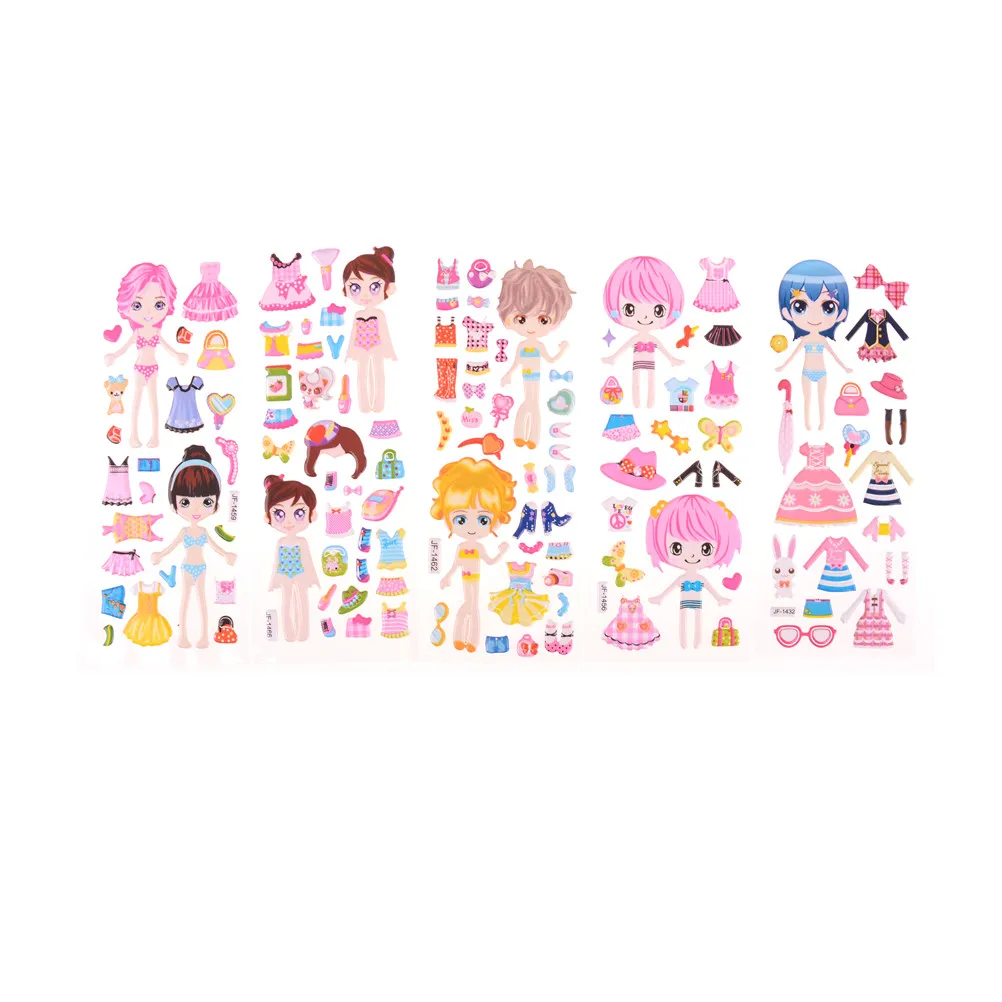 5 sheets Cartoon Beauty Dress Up Little Girl Loves PVC Stickers Lovely Kids Dress Up Stickers For girl toys gifts