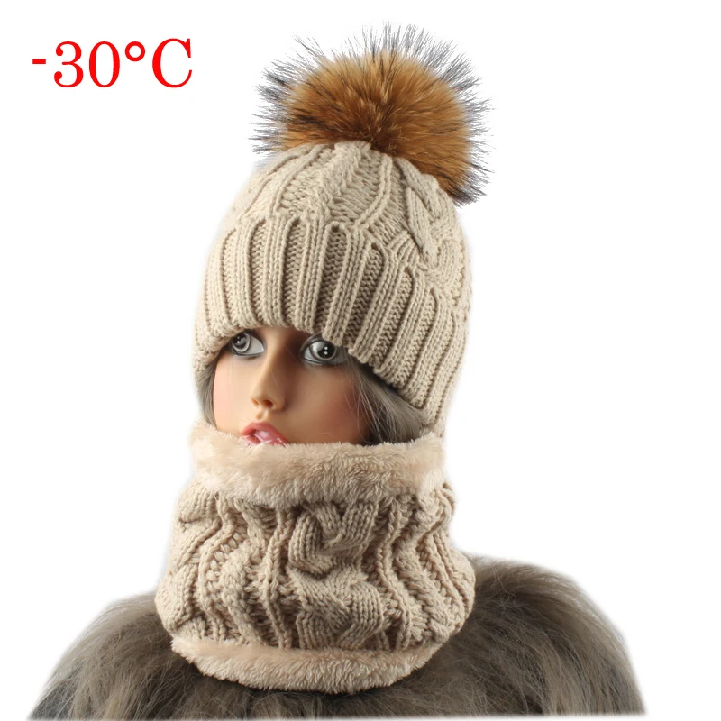 2022 Women Hat With Scarf Warm Fleece Inside Beanie Girls Winter Cap For Women Real Mink Fur Pompom Hat Female Knitted Caps