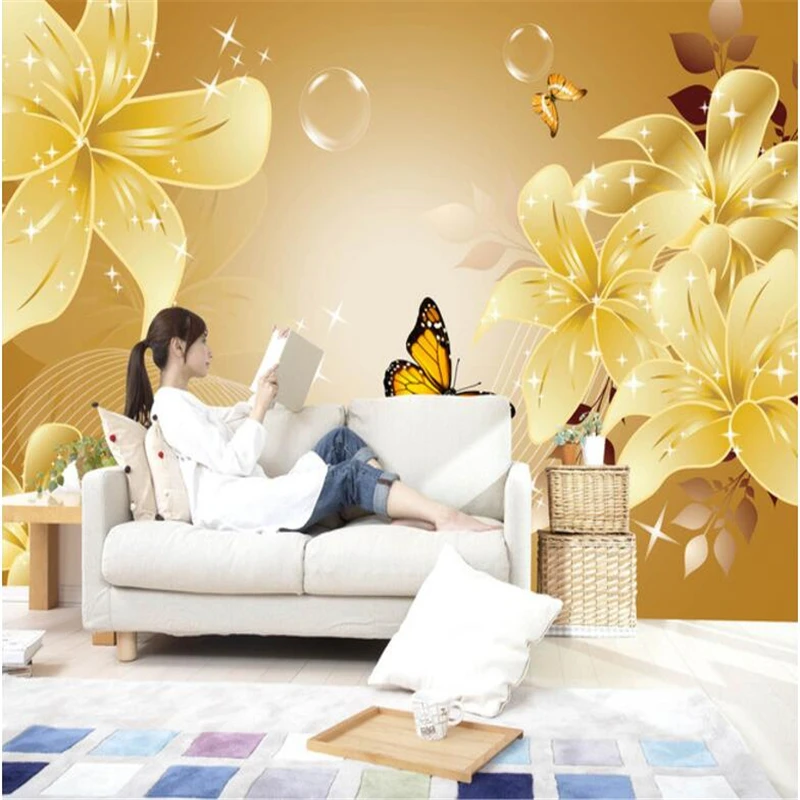 

wellyu Custom wallpaper 3d large murals beautiful romantic golden lily TV wall decoration painting papel de parede wall paper