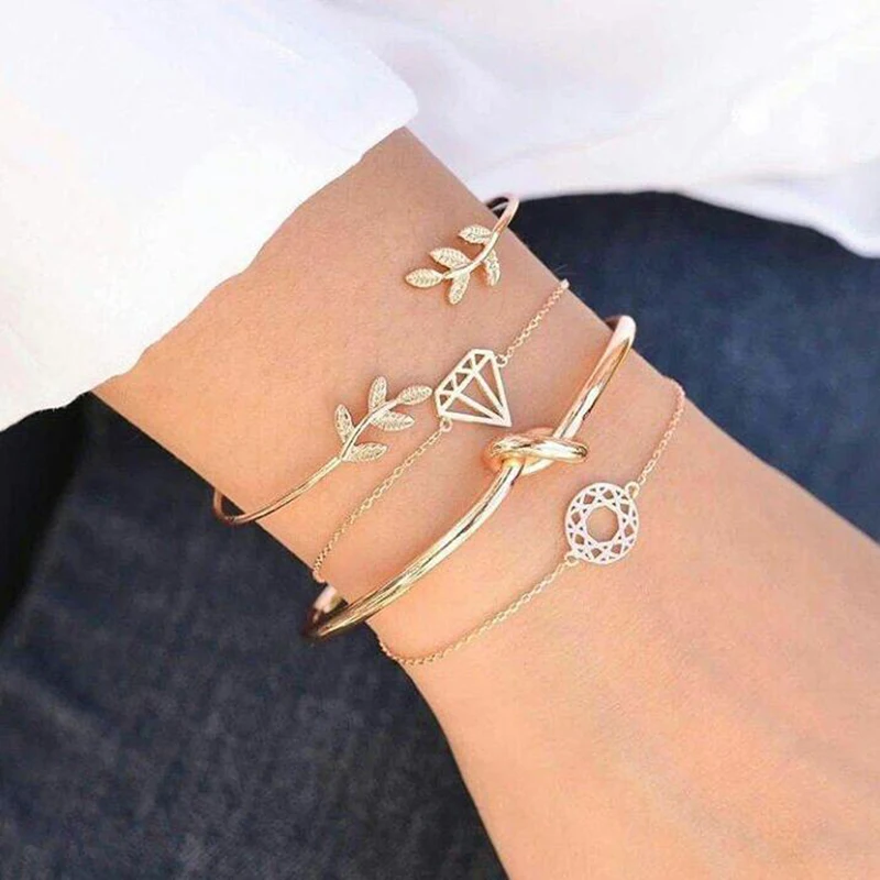 Tocona 4pcs/Set Fashion Bohemia Leaf Knot Hand Cuff Link Chain Charm Bracelet Bangle for Women Bracelets Femme Jewelry 6115