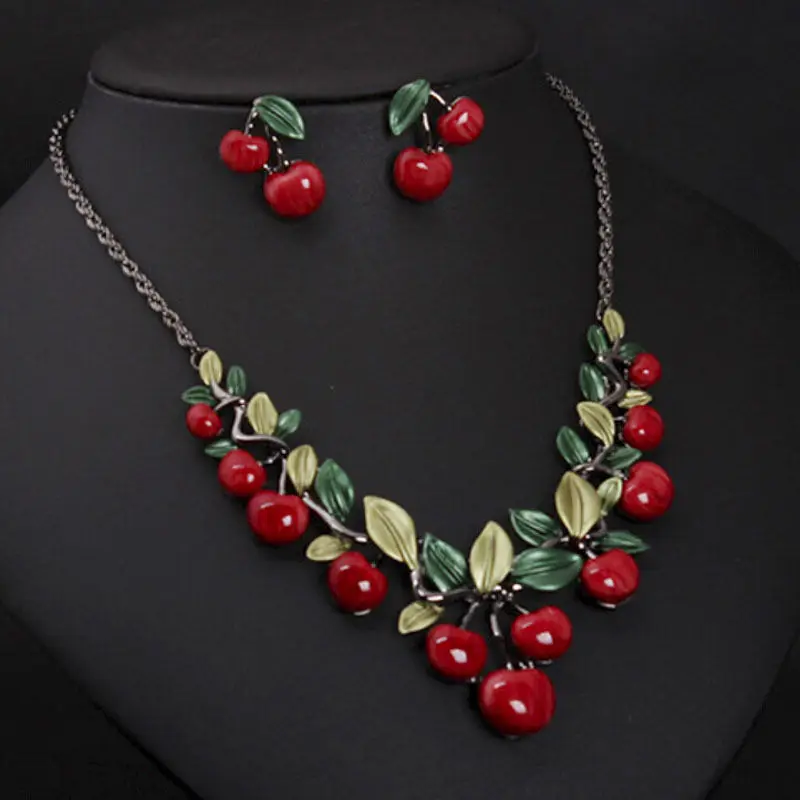 Trendy Women Party Jewelry Set Cherry Leaf Shape Sweet Female Stud Earring Choker Statement Necklace Collar (Color: Red