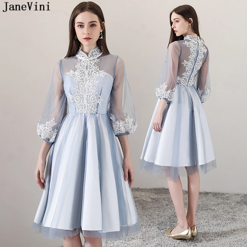 Janevin 빈티지 tulle 짧은 신부 들러리 드레스 높은 목 퍼프 슬리브 레이스 applique 환상 라인 무릎 길이 파티 파티 가운