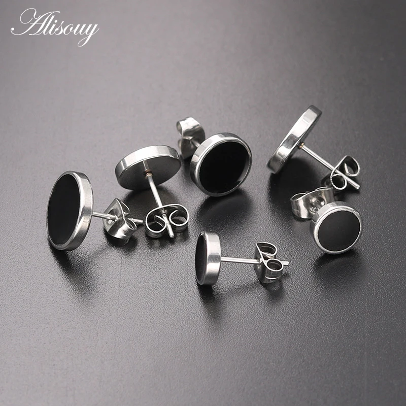 Alisouy 4 Colors 316L Titanium Steel Drops Oil Stud Earrings Round Steel Button Black Center Gift For Men Trendy Accessories