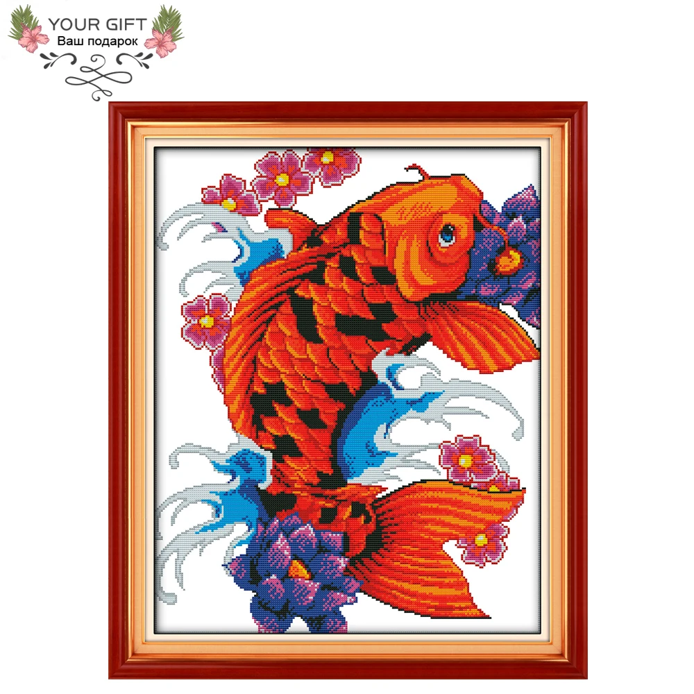 Joy Sunday Colorful Auspicious Fish Home Decor, Counted Stamped Animal Needlework, Needlepoint Cross Stitch Kit, DA185 14CT 11CT