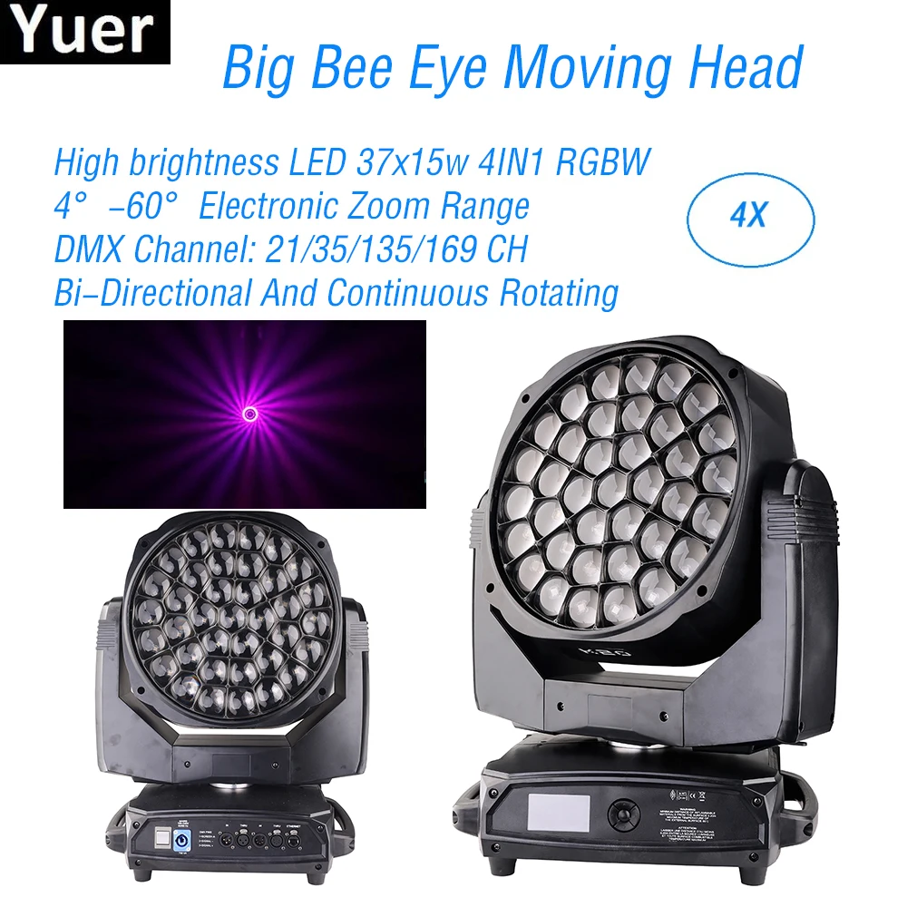 4Pcs/Lot 37x15W LED Big Bee Eye Moving Head Lights Wash Effect Beam Stage Lights DMX Control Sound Party DJ Disco Moving Head