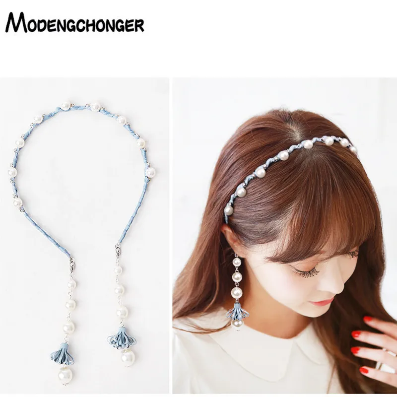 Sweet Flowers Pearls Hair Bezel Tassel Earring Hair Hoop Hairbands  Streamer Pandent Headband For Women Girls Hair Accessories