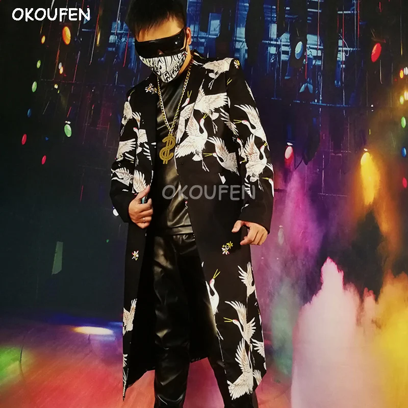 

2018 New Man fashion crane print Long suit Nightclub bar singer DS DJ stage show performance costumes dance outfit
