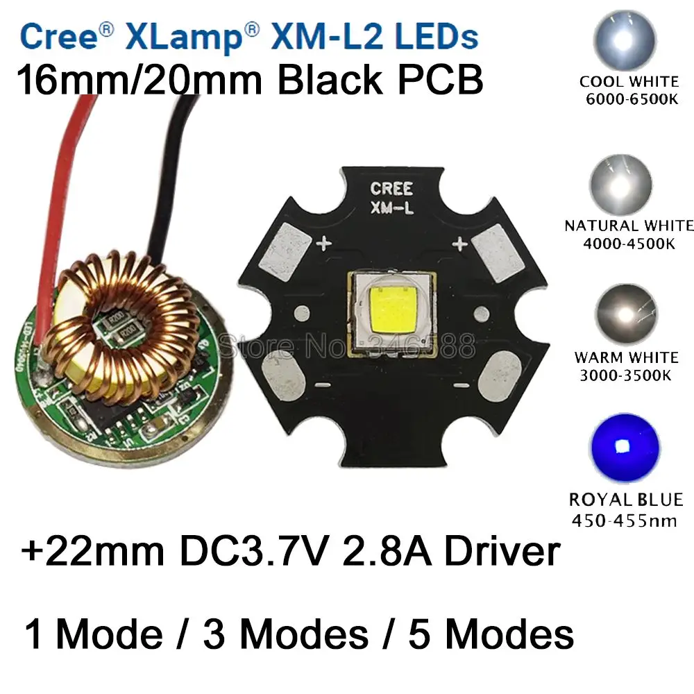 10W XM-L2 T6 XML2 T6 LED Light 20mm Black PCB White Warm White Neutral White + 22mm 5 Modes Driver For DIY Torch Flashlight