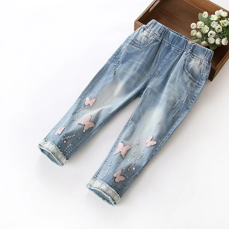 

New 4-14 Yrs Girls Fashion Rhinestone Cropped Pants Children's Slim Ripped Leisure Jeans Kids Bowknot Lace Spliced Trousers X441