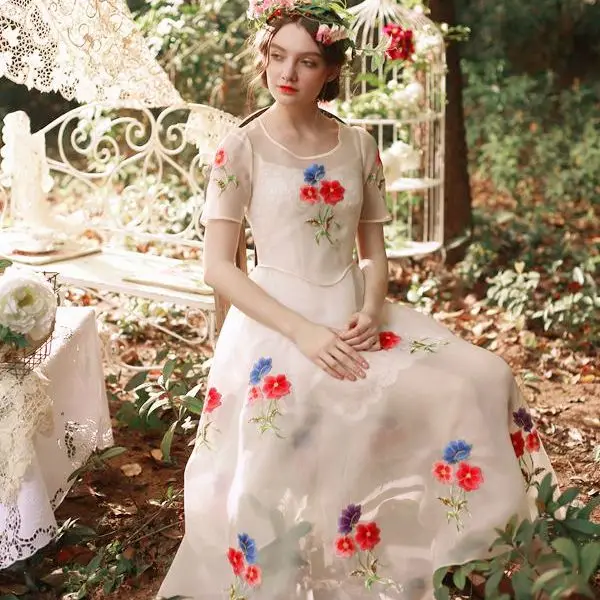 

LYNETTE'S CHINOISERIE Summer Original Design Women Organza Exiquisite Romantic Fairy Colorful Embroidery Lace Twinset Maxi Dress