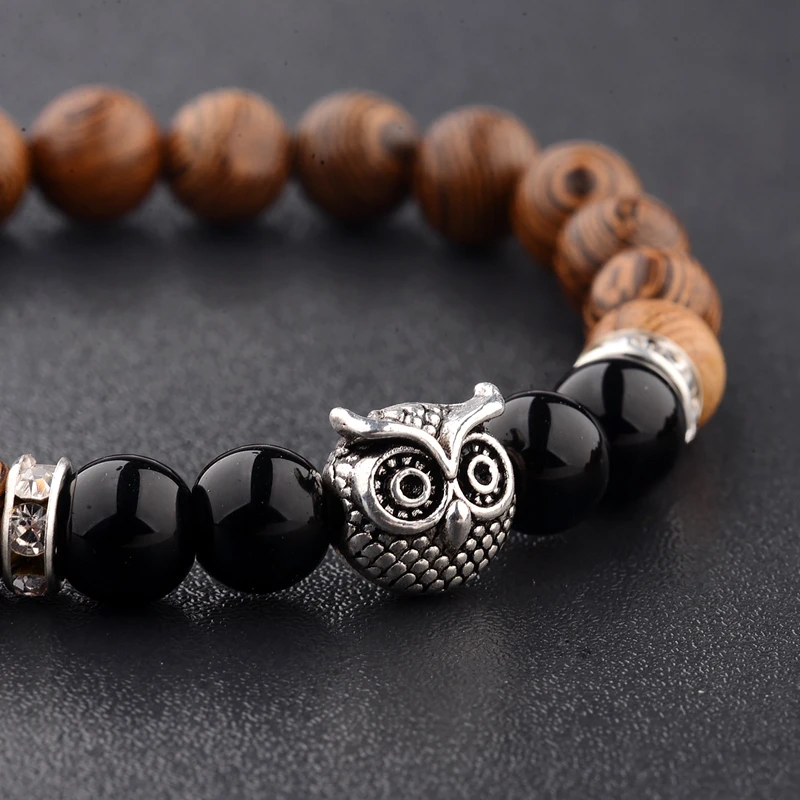Wood Beads Bracelets Gold&Silver Color Owl &Black Beads Bracelet Women Retro Prayer Jewelry Yoga Dropshipping