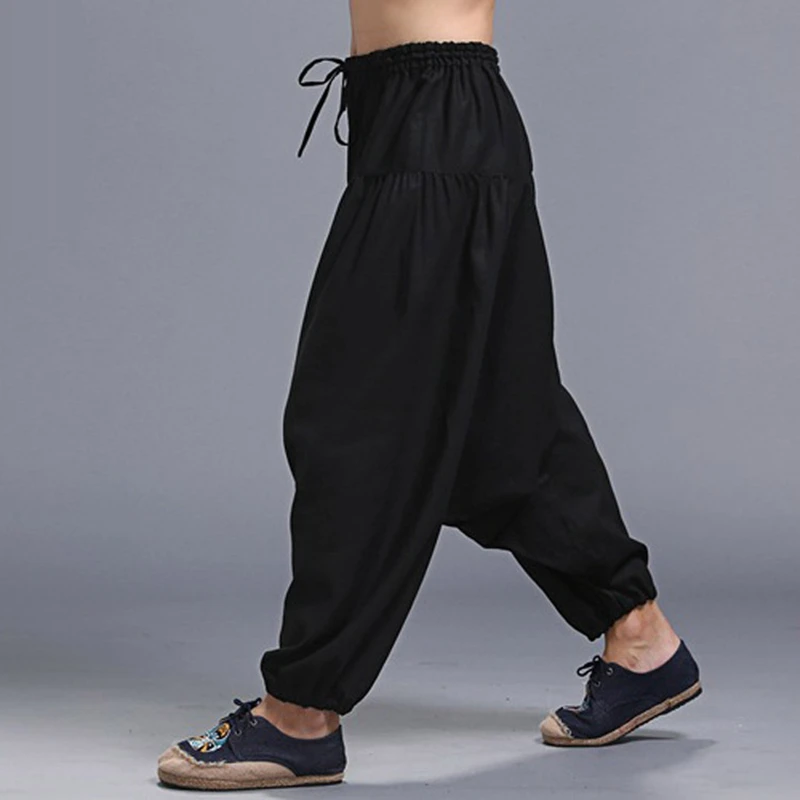 

LZJN Men's Casual Pants Black Linen Cross Pants Coffee Crotch Pants For Male Long Trousers Flax Bottoms Pantalones Hombre Hosen