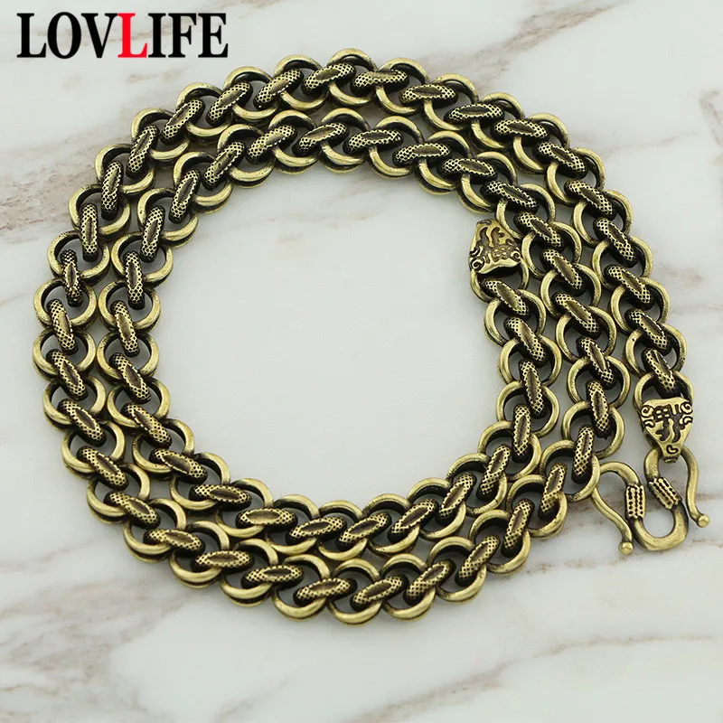 Pure Copper Long Chain Men Necklace Vintage Punk Brass Circle Snake Scale Pattern Flat Necklaces Retro Hip Hop Style Luxury Gift