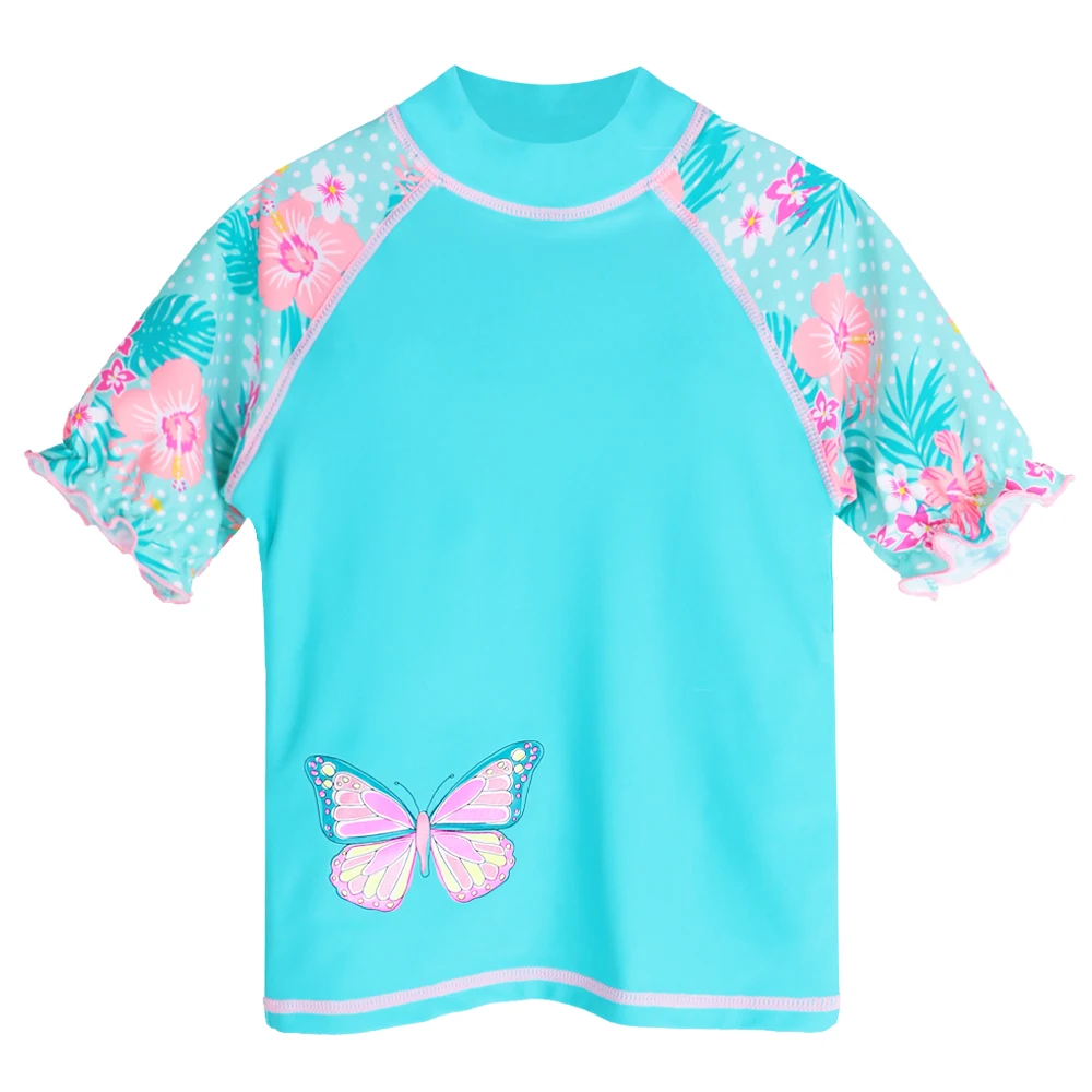 BAOHULU Summer Printed Butterfly Girls Swimsuit Children Swimwear UPF50+ Kids Beach Swimming Suits Bathing Suit Girl Cyan