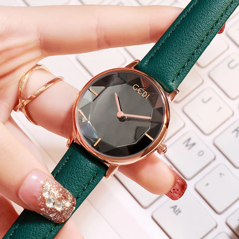 GEDI 2019-ساعة كوارتز بحزام جلدي للنساء ، كرونوغراف بسيط ، أنثوي ، عصري