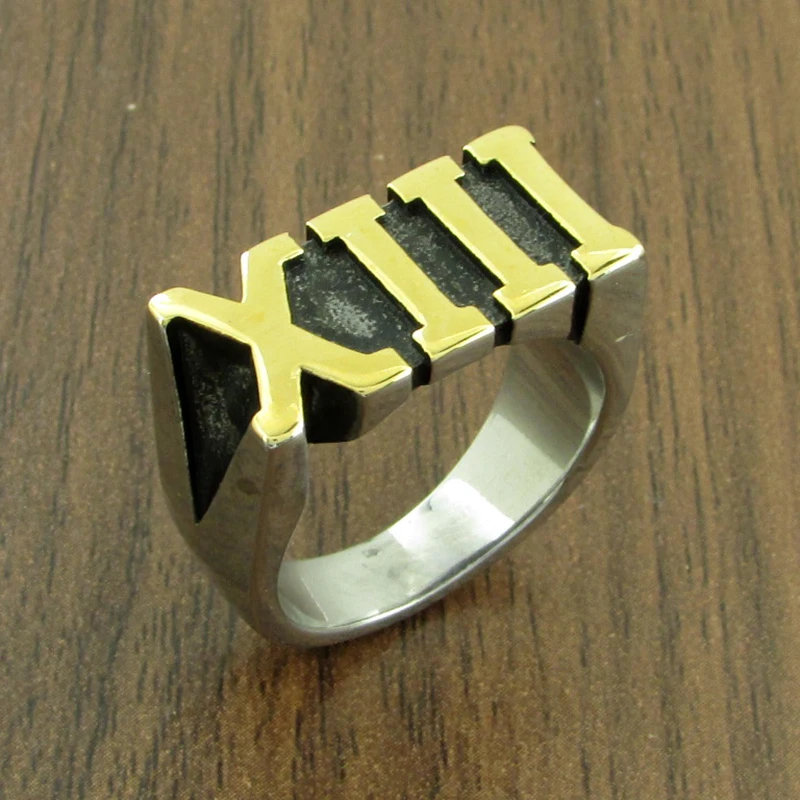 Punk 316L Stainless Steel Indirect Gold Plated Roman Number XIII 13 Ring Jewelry