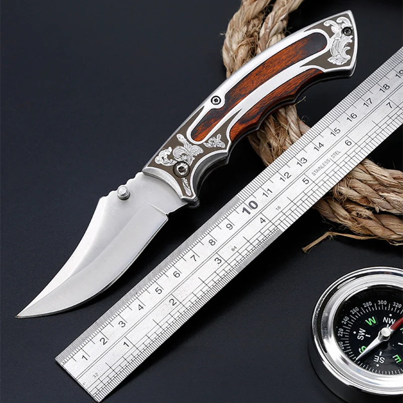 Cuchillo plegable con mango de madera, utensilio manual de acero puro para acampar al aire libre, herramientas EDC, nuevo estilo, envío gratis