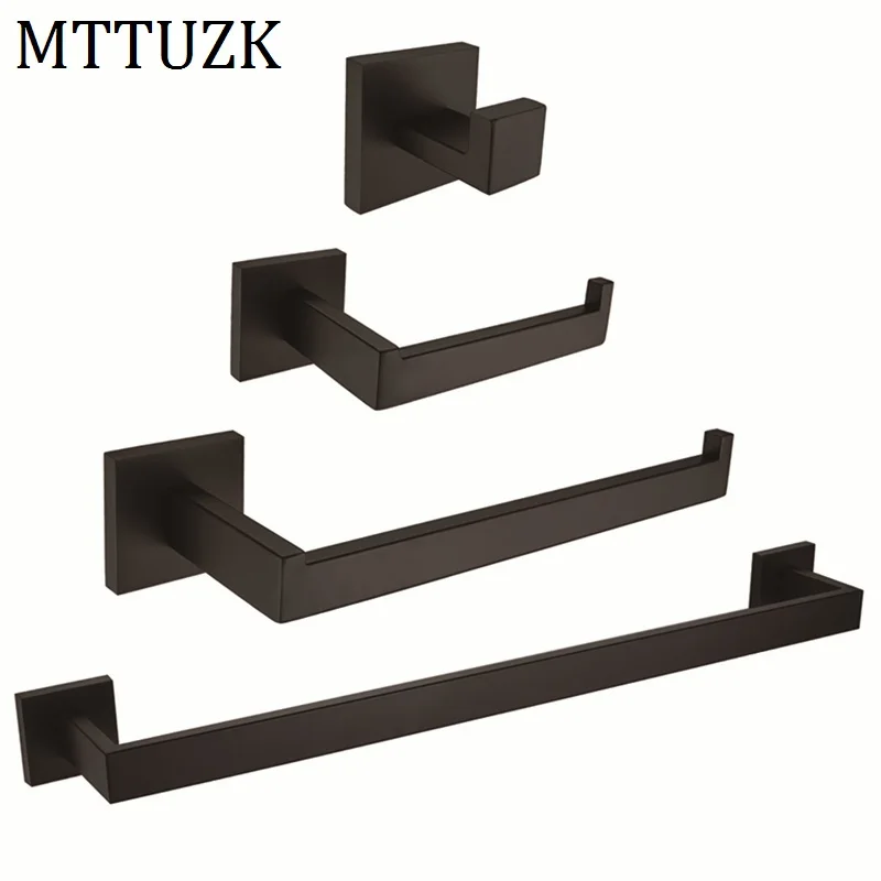 

MTTUZK 304 Stainless Steel Bathroom Accessories Set 4piece/set Towel Bar Robe Hook Paper Holder Matt Black Bath Hardware Sets