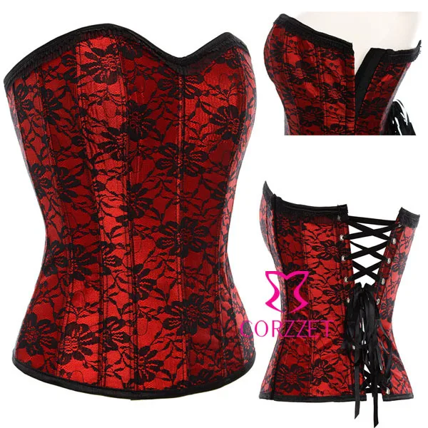 

New 2014 Steel Boned Red Satin Lace Floral Corsets And Busttiers Woman Corselets Slimming Corset Top Intimates Lingerie S-2XL