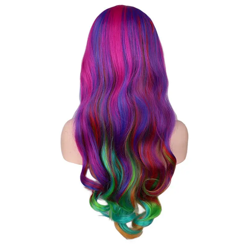 QQXCAIW Rainbow Colorful Synthetic Long Curly Hair Wig Cosplay Party Women High Temperature Wigs